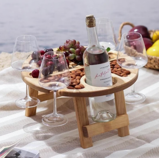 Wooden folding wine picnic table, Patio furniture portable, Wine caddy