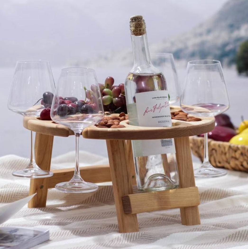 Wooden folding wine picnic table, Patio furniture portable, Wine caddy